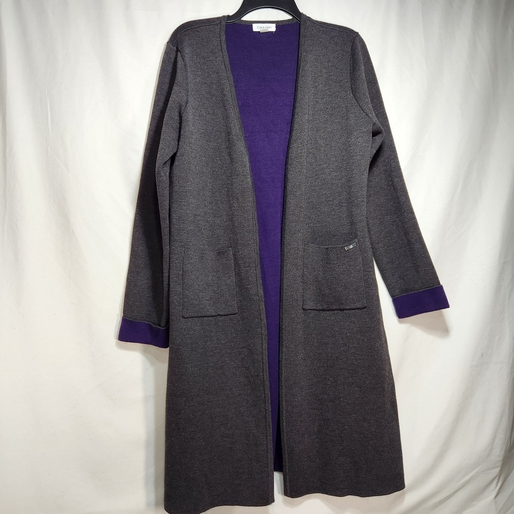 Calvin Klein Womens‎ Two Tone Long Cardigan Size Medium Grey / Purple